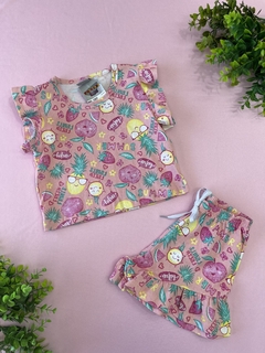 CONJUNTO CAMISA E SHORT - ROSA COM FRUTAS E MANGA COM BABADO - comprar online