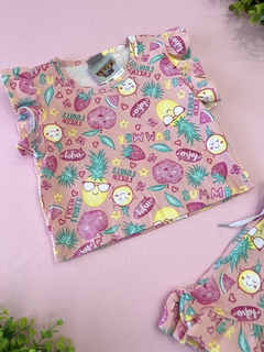 CONJUNTO CAMISA E SHORT - ROSA COM FRUTAS E MANGA COM BABADO - Store Baby