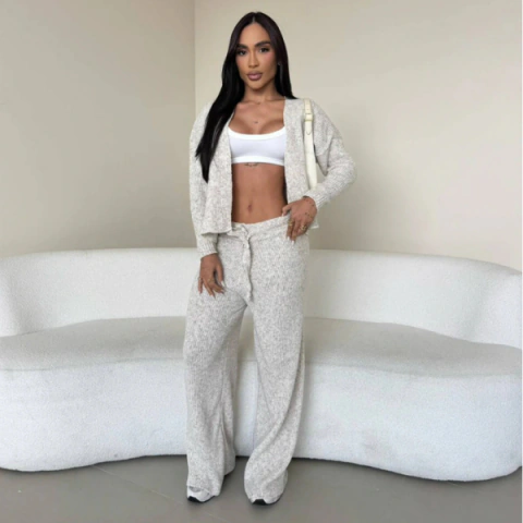 Conjunto Tricô Mousse Feminino Calça Wide Leg E Cardigan Valen