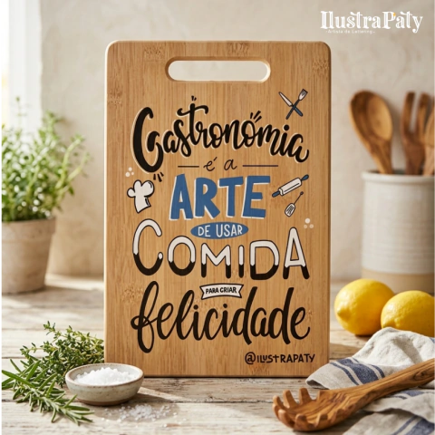Tábua de corte com lettering feito a mão de 30cm, feito de bambu com uma frase divertida e inspiradora, mas pode ser personalizável do seu jeito. Na arte de exemplo esta escrito: Gastronomia é a arte de usar comida para criar felicidade.