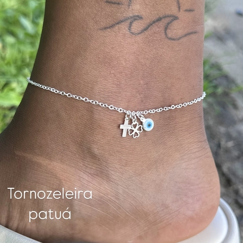 Tornozeleira Patuá - Olho grego, Crucifixo e Trevo