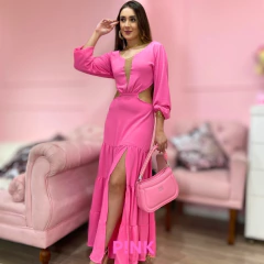 VESTIDO LONGO MONALISA COM TULE E FENDA MANGA LONGA 140923