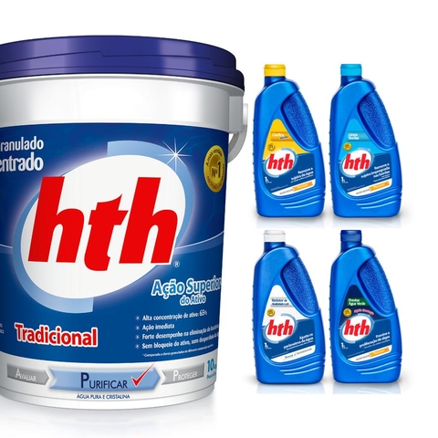 Kit com HTH Tradicional, maxfloc, Limpa Bordas, Previne Agua verde, Redutor de pH