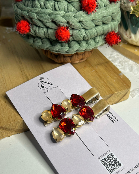 Par de Presilhas de Veludo Caramelo com Pedrarias Vermelhas e Beges