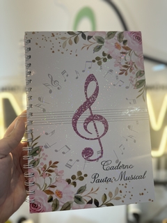Caderno Pautado - Capa Clave de Sol Rosa florida e holográfica - comprar online