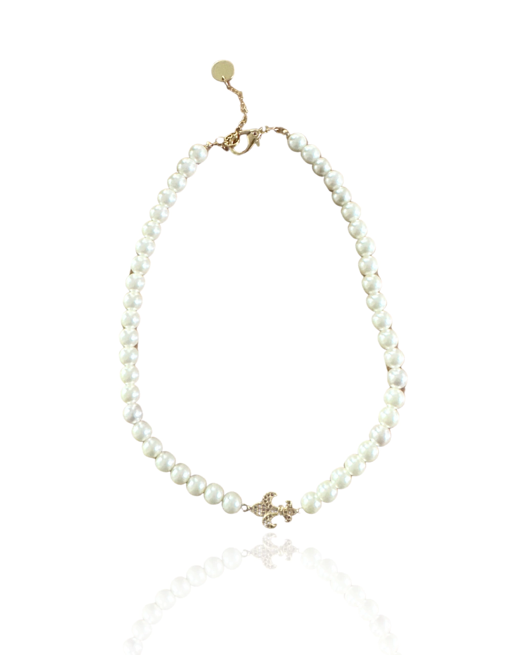 Colar Choker Pérola Shell & Pingente de Flor de Lis com Zircônias