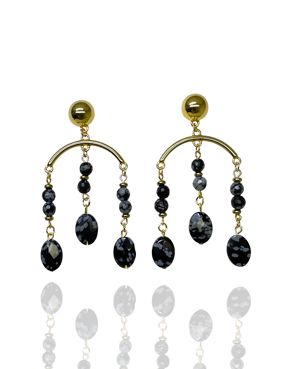 Brinco Longo Candelabro - Obsidiana Flocos de Neve
