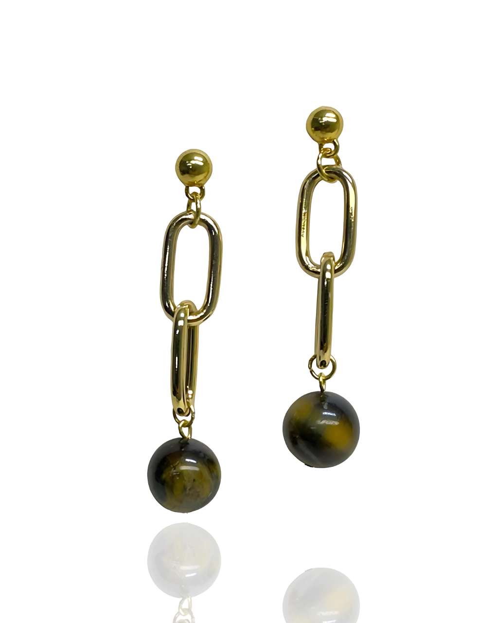 Brinco Longo Esfera Elo Duo - Olho de Tigre