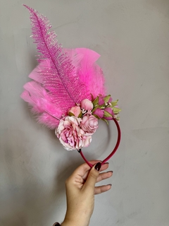Tiara Carnaval Flores e Penas Pink