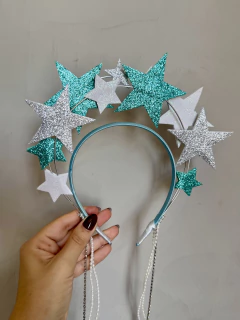 Tiara Carnaval Estrelas Azul e Prata - Pompons e Afins