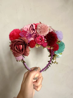 Tiara Carnaval Flores e Pompons Pink
