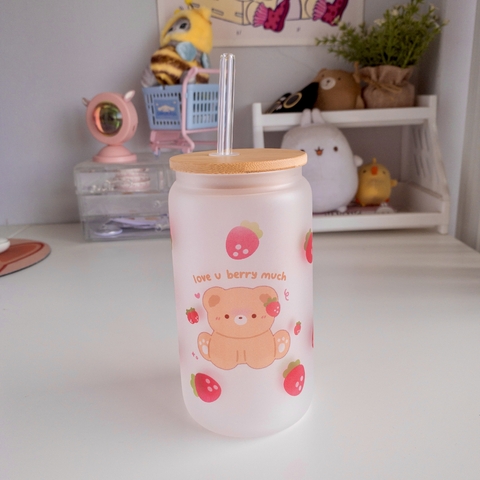 VASO DE VIDRIO CON POPOTE | Fresas Ossi B.