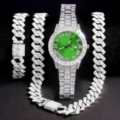 Colar + relógio + pulseira hip hop rapper cubana corrente de ouro cor gelado pa - Monteiro Imports 