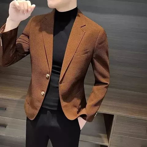 Blazer Slim Fit Fino Xadrez para Homens, Casacos de Luxo, Blazers Homem de Negó