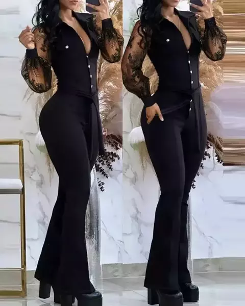 Macacão feminino 2025 primavera moda abotoado amarrado detalhe turn-down colari