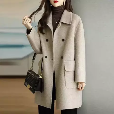 Jaqueta de lã espessada feminina plus size cor café slim fit casaco longo outo