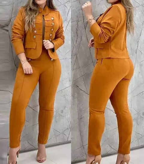 Roupa feminina de peito duplo, casaco de manga comprida, calças elegantes de ci