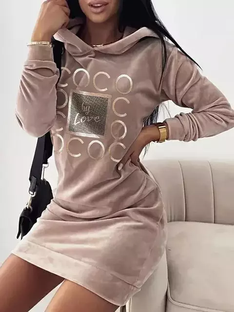 Mulheres vestidos de camisola longa amor impressão com capuz solto gola alta ca