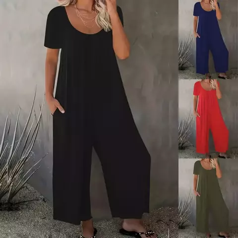 Plus size 0xl-5xl macacão de verão feminino cor sólida macacão com bolsos mo