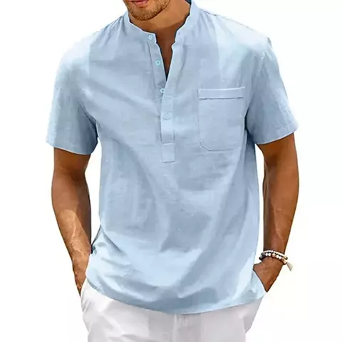 Camisa de linho de algodão masculina henley pescoço bolso casual praia manga c