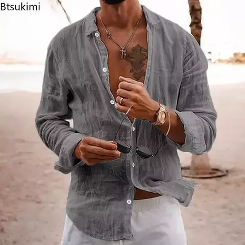 2025 camisas de linho de algodão masculino topo simples laple sólido homem cam