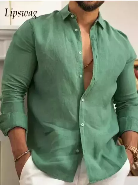 Camisa masculina clássica de linho e algodão, cor sólida, lapela com botões,