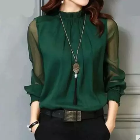 Blusa de chiffon novas mulheres topos manga longa suporte pescoço camisas de tr