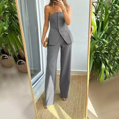 Nova cor sólida simples casual moda terno botão sem alças regata cintura alta