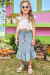 Conjunto de Blusa Boxy em Tricoline Bordado e Saia Midi em Jeans Infanti - Tati for Kids Moda Infantil 