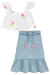 Conjunto de Blusa Boxy em Tricoline Bordado e Saia Midi em Jeans Infanti