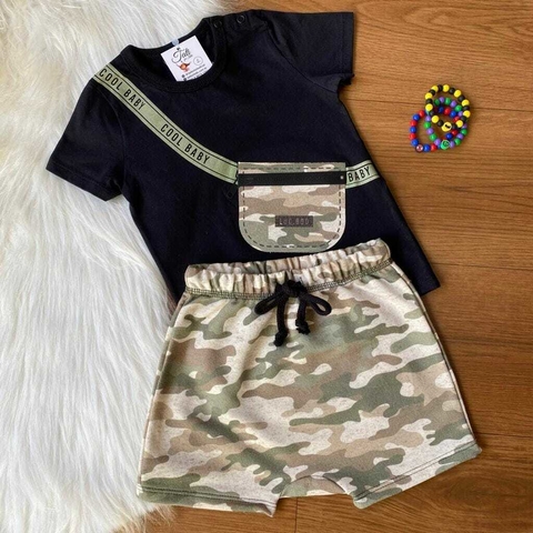 Conjunto Camuflado com pochete de Camiseta em Meia Malha e Bermuda em Moletom Linho sem Pelúcia Luc.Boo