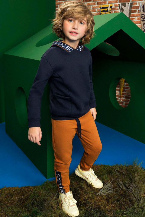 Conjunto Super de Blusão Azul Marinho em Moletom 3 Cabos com Pelúcia e Calça Jogger em Moletom com Pelúcia Luc.Boo