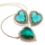 Conjunto coração cristal verde esmeralda com zircônias - Semijoia em Ouro 18K