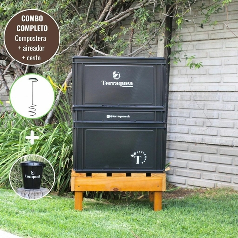 COMBO COMPLETO-Compostera grande (120 litros-2 cajones) con base de madera + aireador + cesto - comprar online