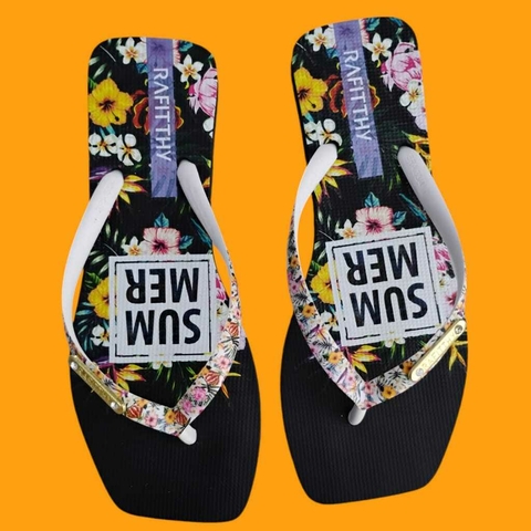 SANDALIA FEMININA TROPICAL SUMMER FLOWERS PRETO RAFITTHY