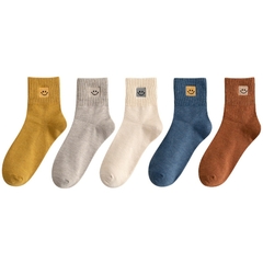 5 pares/lote Meias Femininas de Algodão com Bordado de Sorriso