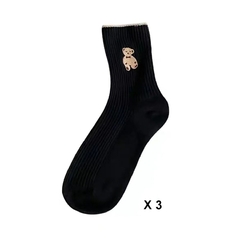 Lote de 3 pares de meias femininas de algodão com urso bordado Kawaii