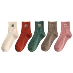 5 pares/lote Meias Femininas de Algodão com Bordado de Sorriso