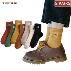 5 pares/lote Meias Femininas de Algodão com Bordado de Sorriso - comprar online