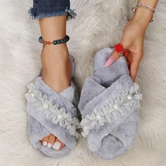 BEVERGREEN Winter Women House Chinelos Faux Fur Faux Flat Shoes Women Slip on Ho - loja online