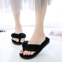 BEVERGREEN Winter Women House Chinelos Faux Fur Faux Flat Shoes Women Slip on Ho - comprar online