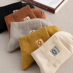 5 pares/lote Meias Femininas de Algodão com Bordado de Sorriso