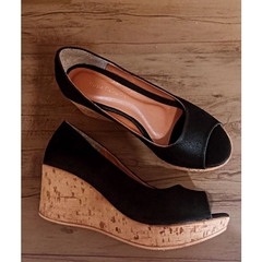 Sandália Feminina Anabela Plataforma Peep Toe Cortiça Preta Novidade Promoção - loja online