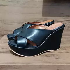 Sandália Feminina Tamanco Anabela X Alta Preta Novidade Promoção