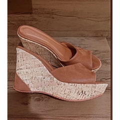 Sandália Feminina Tamanco Anabela Alta Cortiça Caramelo Novidade Promoção