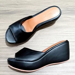 Sandália Feminina Tamanco Peeptoe Anabela 7cm Baixa Preta Novidade Promoção