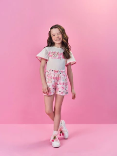 Conjunto Infantil Cinti Verão com Shorts Rosa e Blusa Branca Ursinha Love com Strass 12544