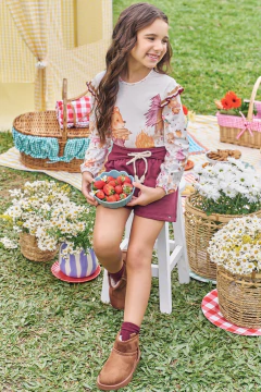 Conjunto Infantil Kukiê Inverno com Shorts Vinho e Blusa Manga Longa Raposinha na Floresta