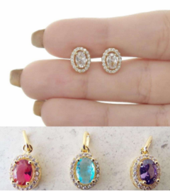 BRINCO OVAL 6X4 COLOR E CRISTAL ZIRCONIA - comprar online