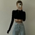 Imagem do Camiseta pulôver sexy sem costas com cadarço feminino outono preto decote em O